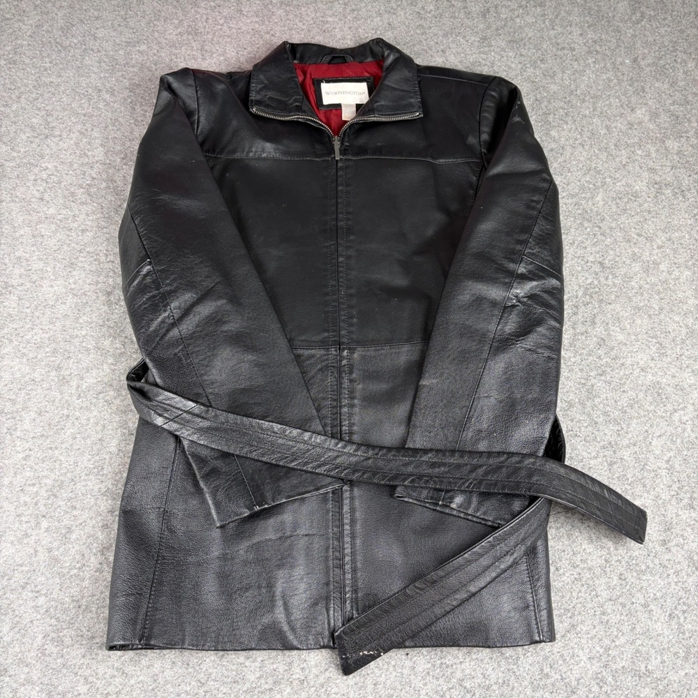 Worthington Leather Jacket Womens Medium Black Belted Zip Up Trench Coat